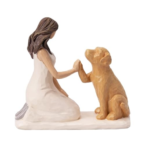  Resin Woman with Dog Figurines, Sympathy Dog Memorial, Pet Loss Gifts, Golden 