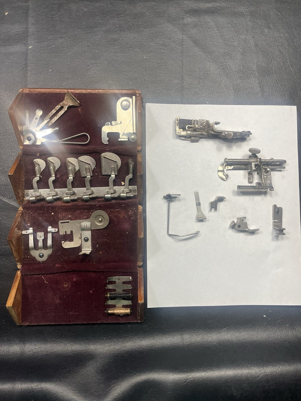 Antique Singer Vibrating Shuttle Sewing Machine Attachment Set Puzzle Box