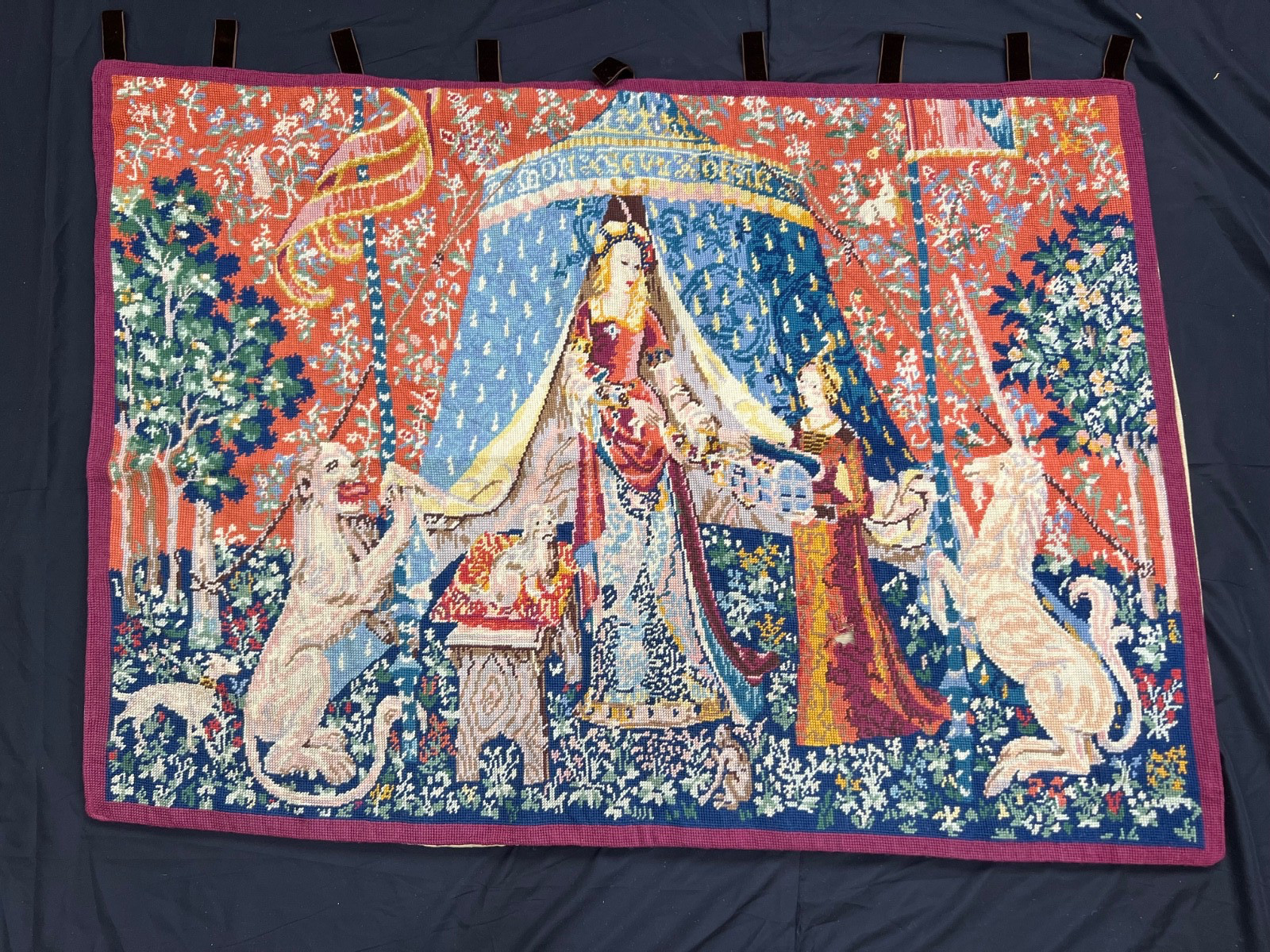 Vintage French Medieval Needlepoint Tapestry Wall Hanging Cross Stitch Art S35