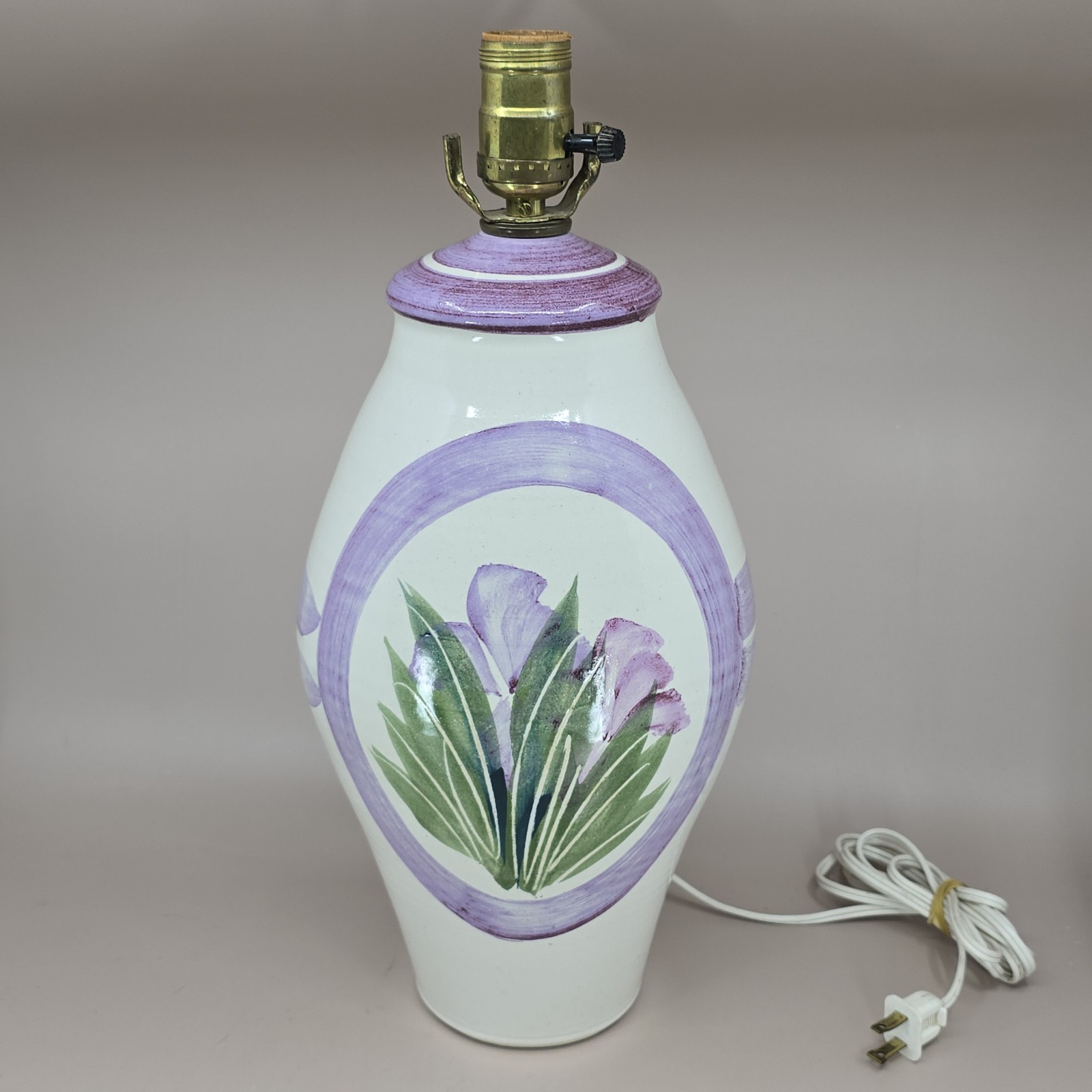 Vtg 1980s Stoneware Art Pottery Table Lamp Handmade & Painted Floral Flowers 