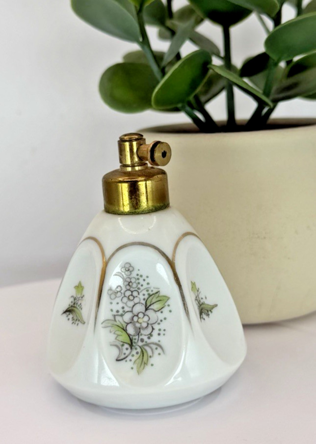 White Milk Glass Perfume Bottle w/ Gold Gilt & Purple Floral Design Vintage