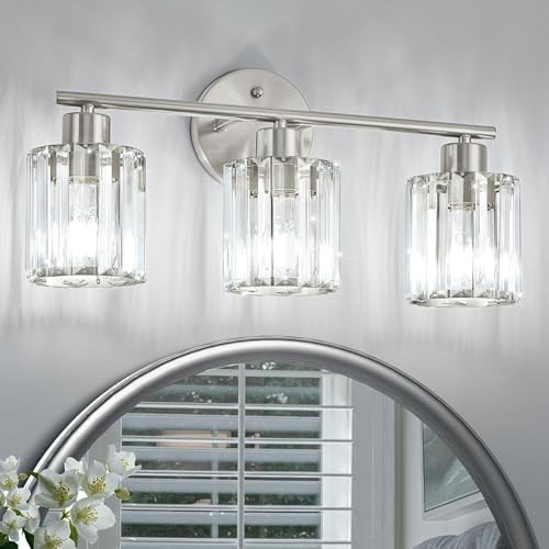 Crystal Bathroom Light Fixtures, Bathroom Lighting 3-Light Brushed Nickel