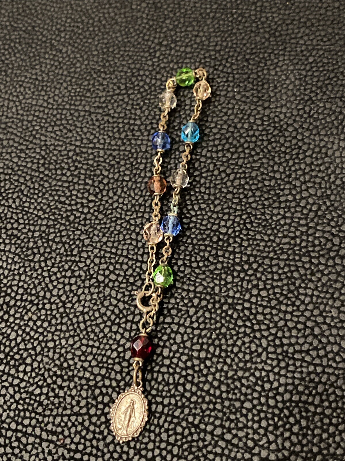 Vintage Miraculous Virgin Mary Charm Bracelet Multi Colored Faceted Glass Beads