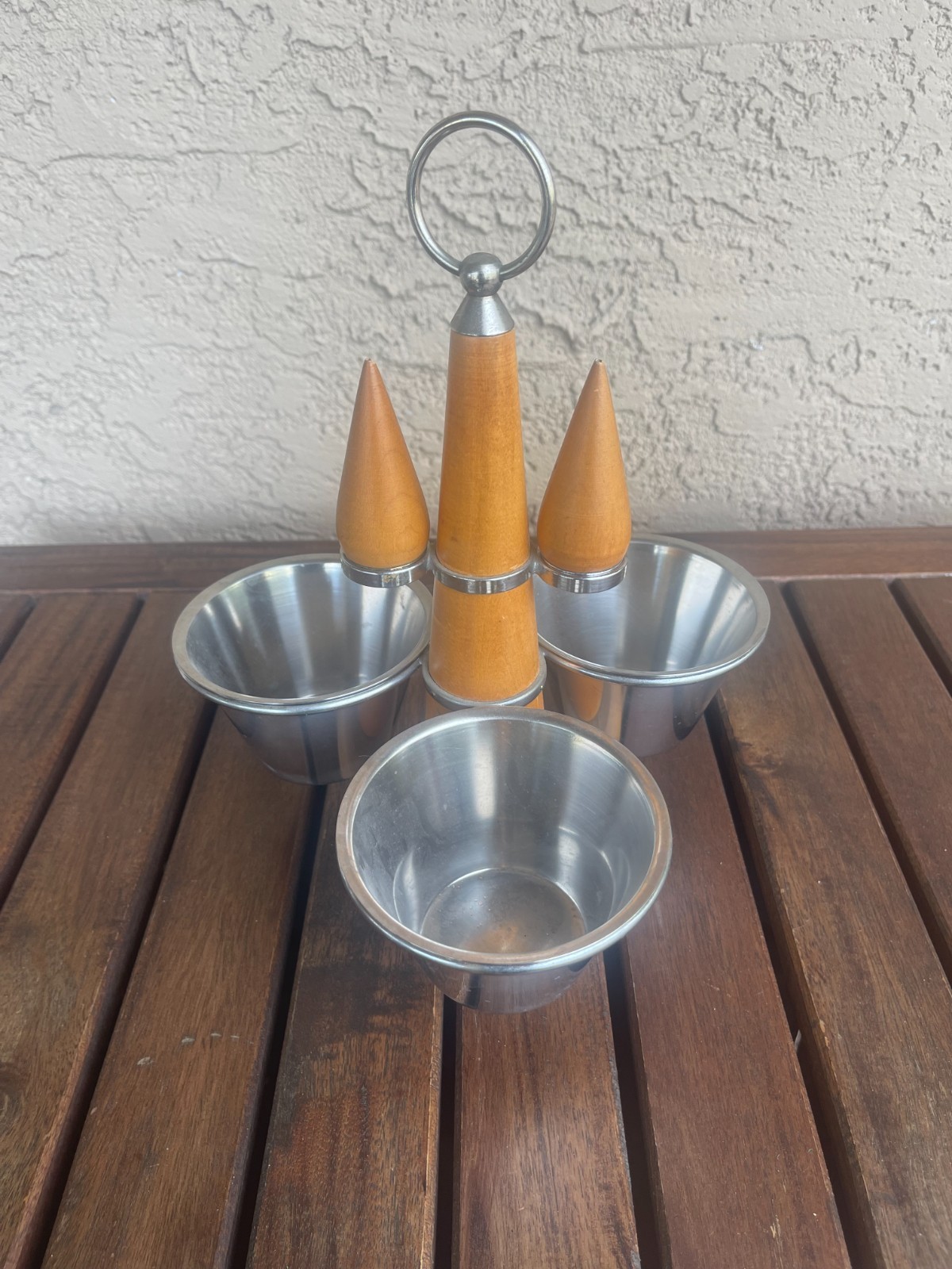 MCM Stako Sweden Teak Stainless Steel Spinning Condiment Caddy Salt & Pepper