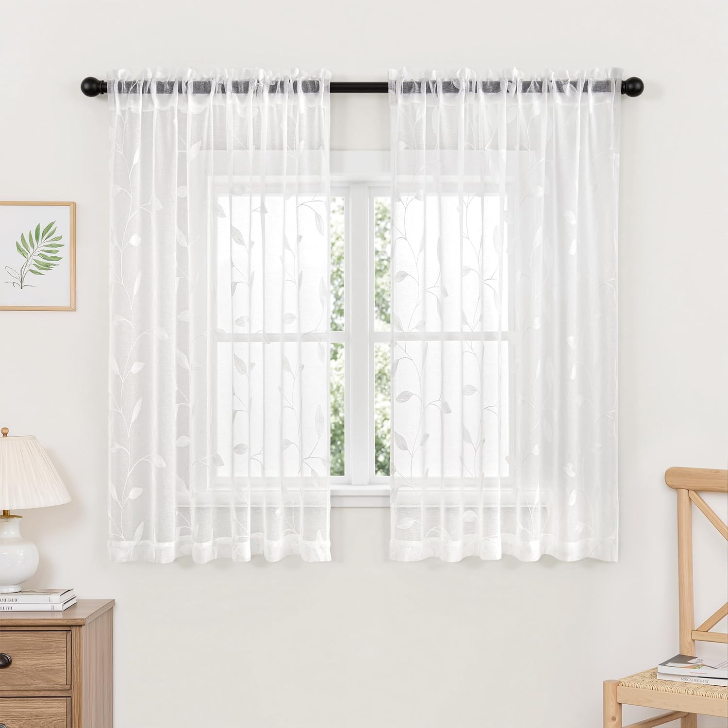 "White Sheer Curtains 2 Panels Embroidered Leaf Floral Rod Pocket 52x54"""