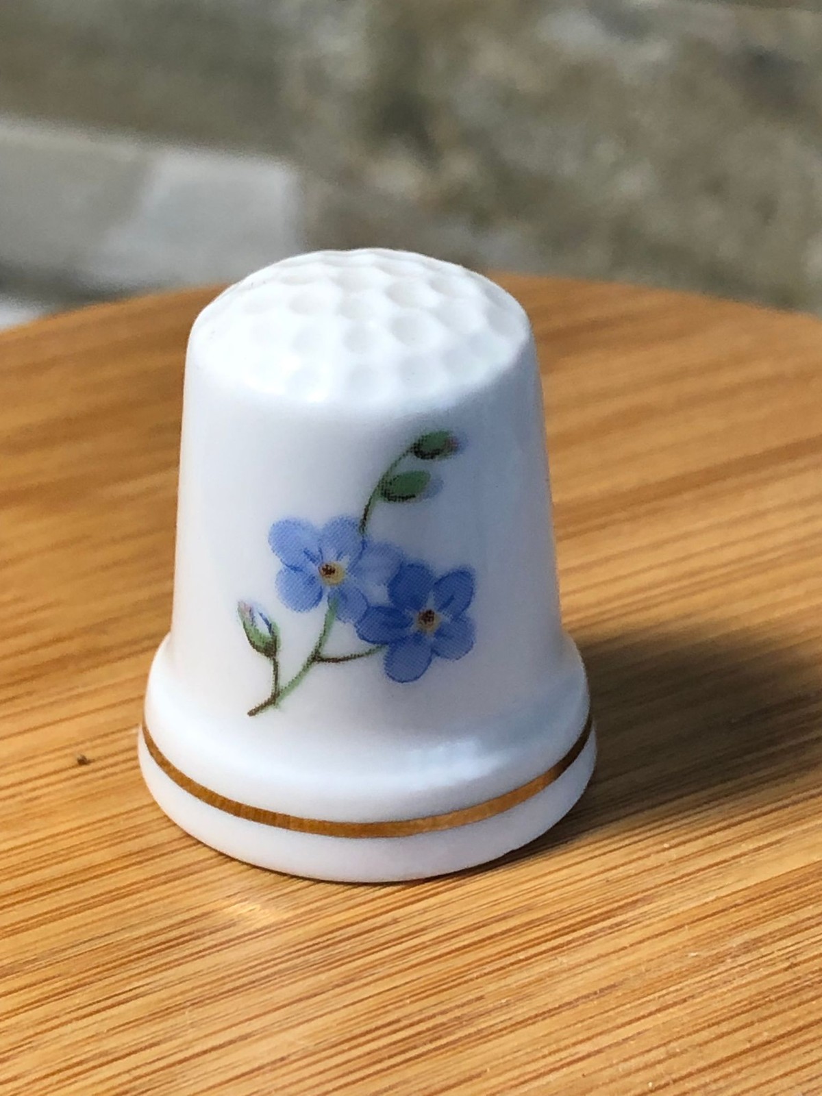 Porcelain Thimble Alaska State Flower Forget Me Not Blue Floral Gold Band Small