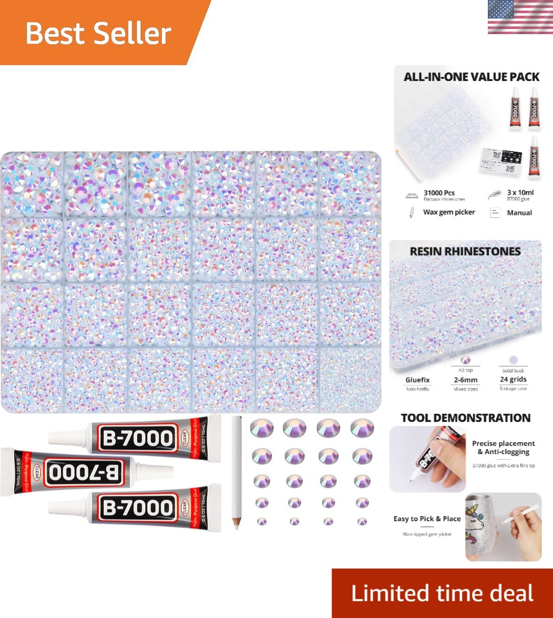Versatile Rhinestone Craft Kit - 31000 Pieces with 2-6mm Sizes & Tools Included