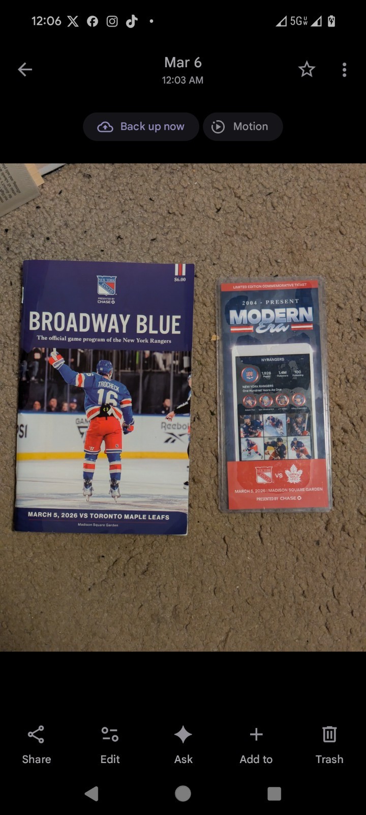 NY Rangers Program "Broadway Blue" 3/5/26  & Commemorative Ticket Vs Toronto 