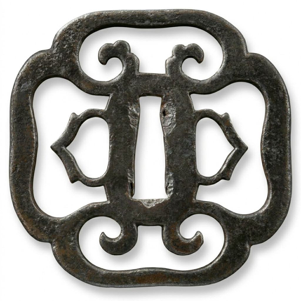 Iron Ji-sukashi Tsuba: Warabite and Kasa Motif, Kanayama/Owari taste T523102