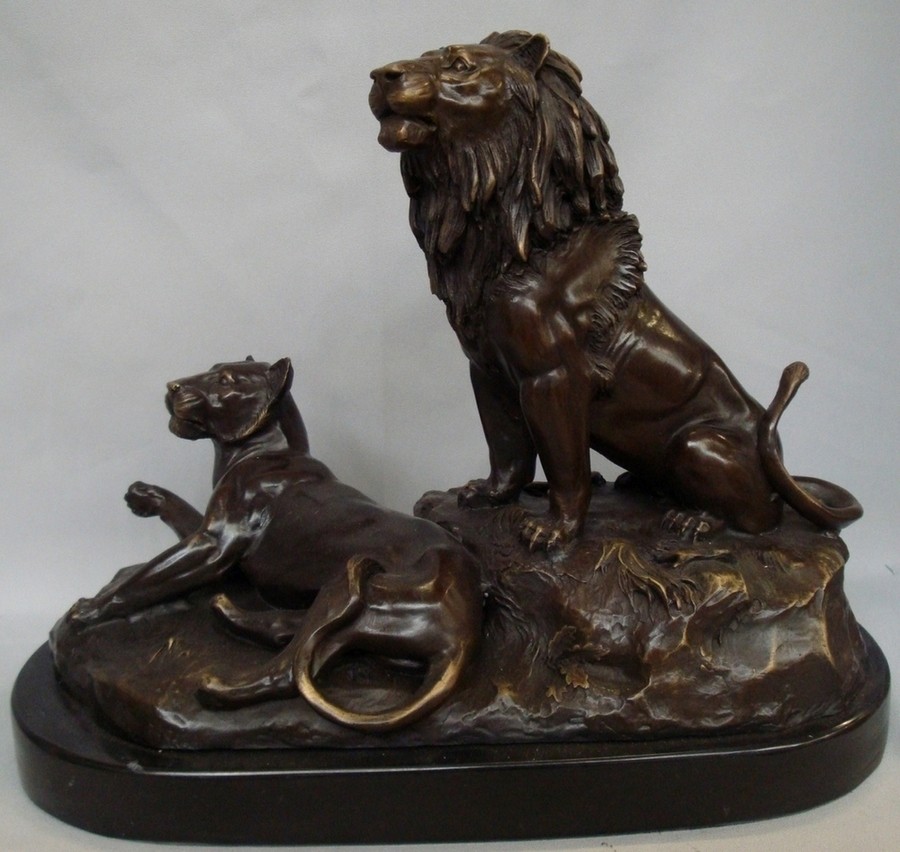 Art Deco Style Statue Sculpture Lion Lioness Wildlife Art Nouveau Style Bronze S