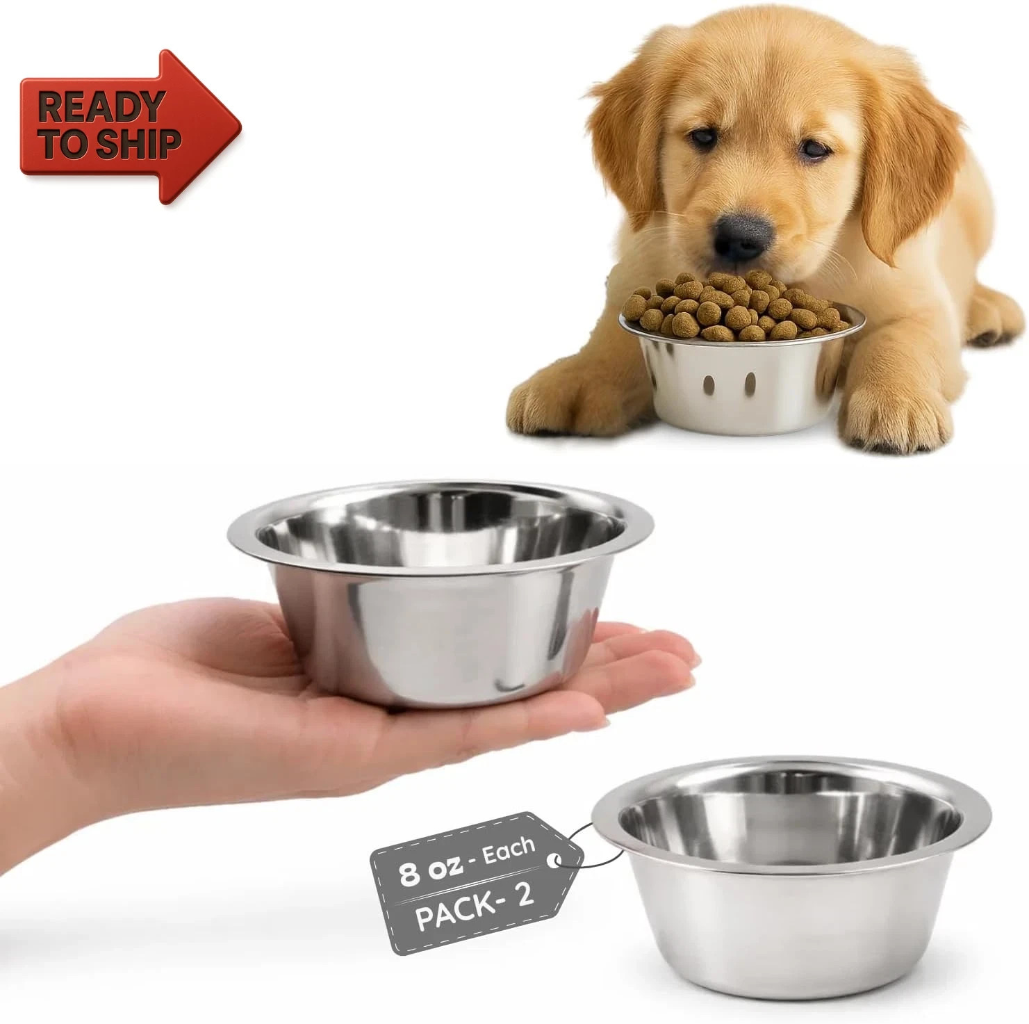2-Pack Stainless Steel Cat & Dog Bowls – 8 Oz (1Cup) Each | Heavy Duty Metal Fo