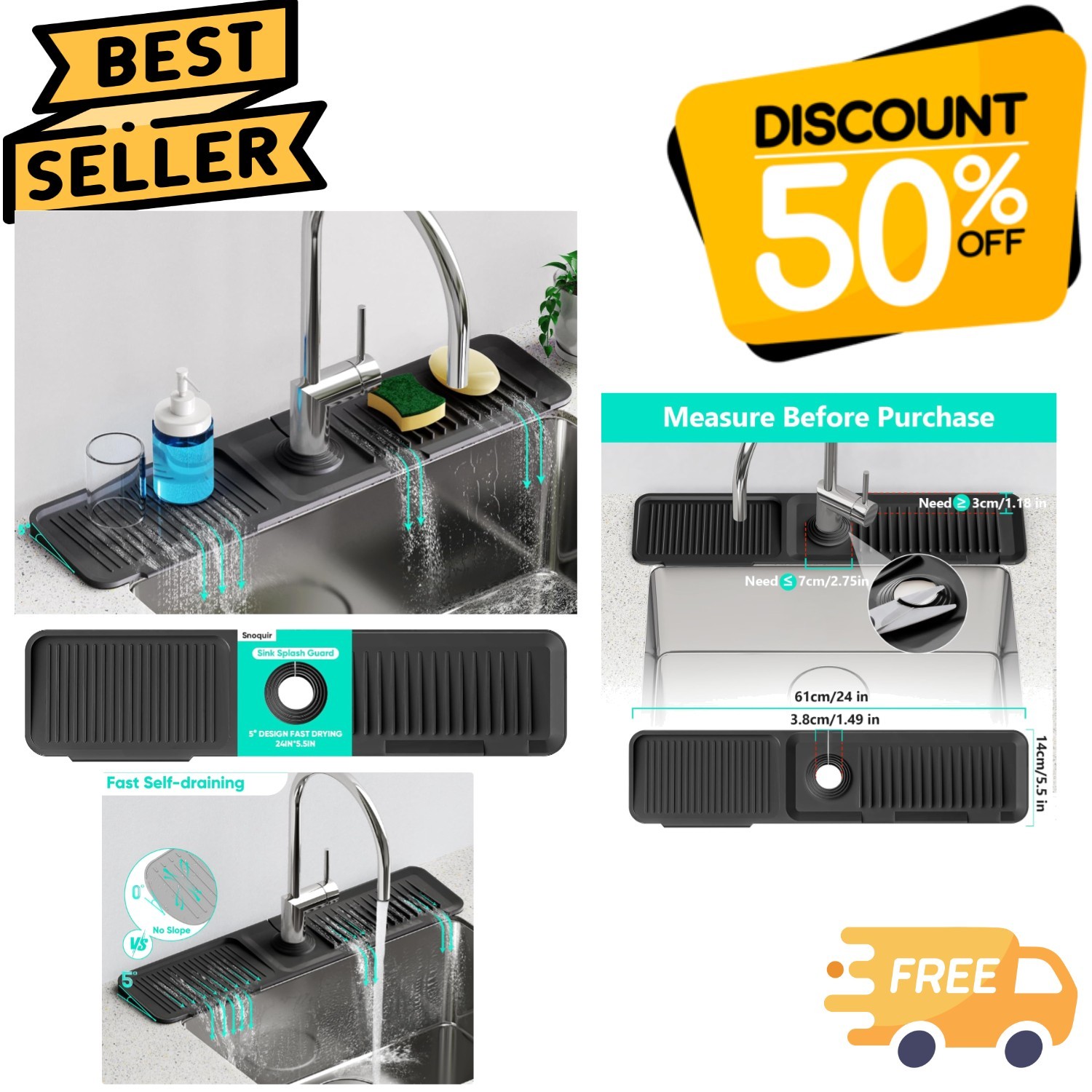 24 Inch Luxury Self-Draining Silicone Kitchen Faucet Mat - Effortless Clean