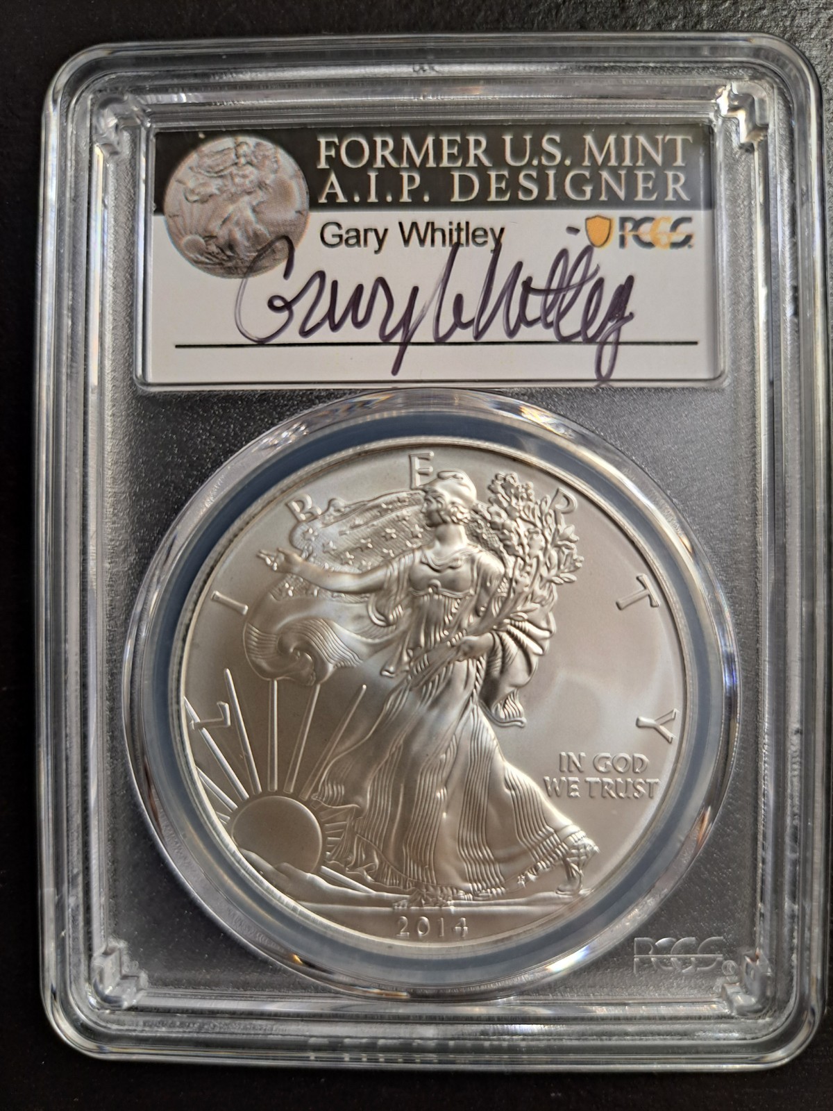 2014-(S) SILVER EAGLE PCGS MS70 STRUCK AT SAN FRANCISCO GARY WHITLEY SIGNED 