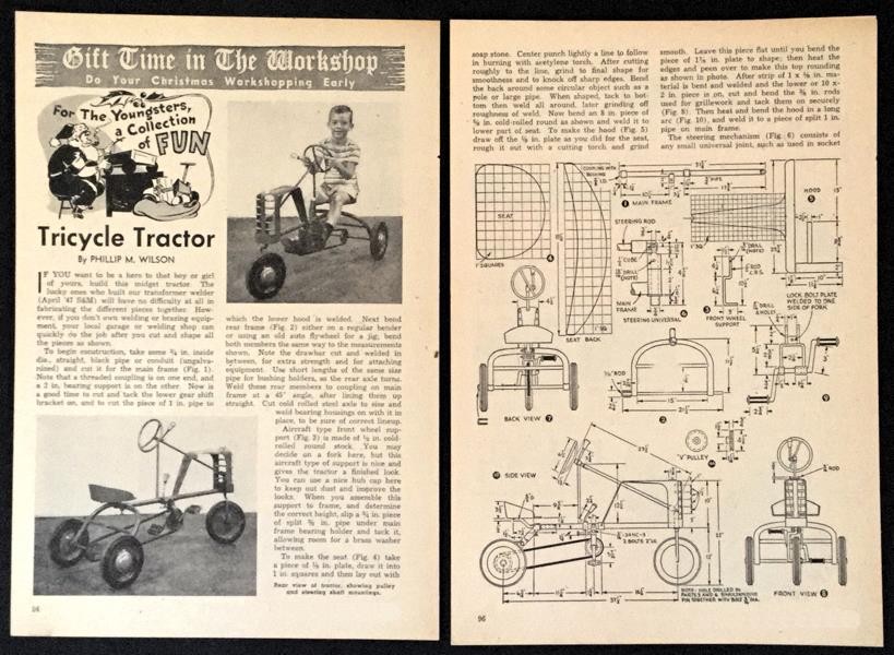 Tricycle Tractor 1949 HowTo Build Plans Metal construction Pedal car