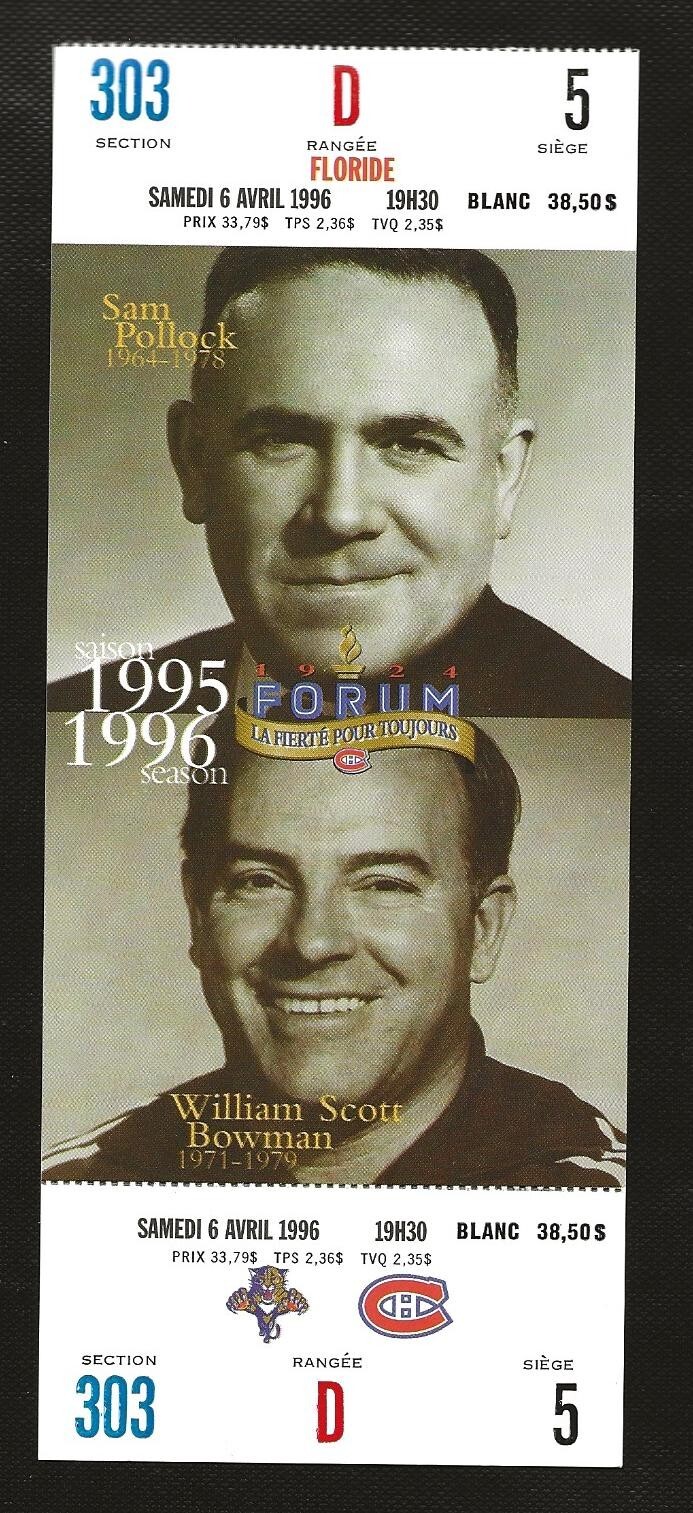 1996 Canadiens v Panthers Montreal Forum Scotty Bowman Hockey Full Ticket