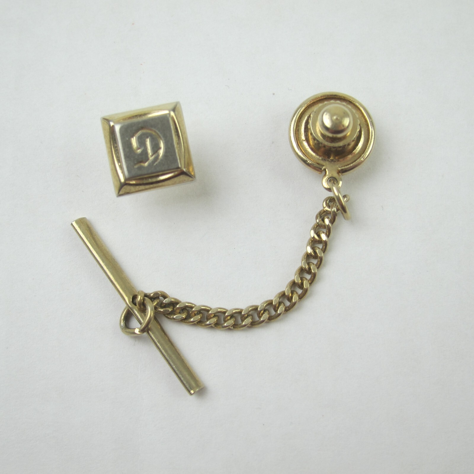 Vintage Monogram Letter D Tie Tack Lapel Pin Gold tone Chain Tie Bar Hickok USA