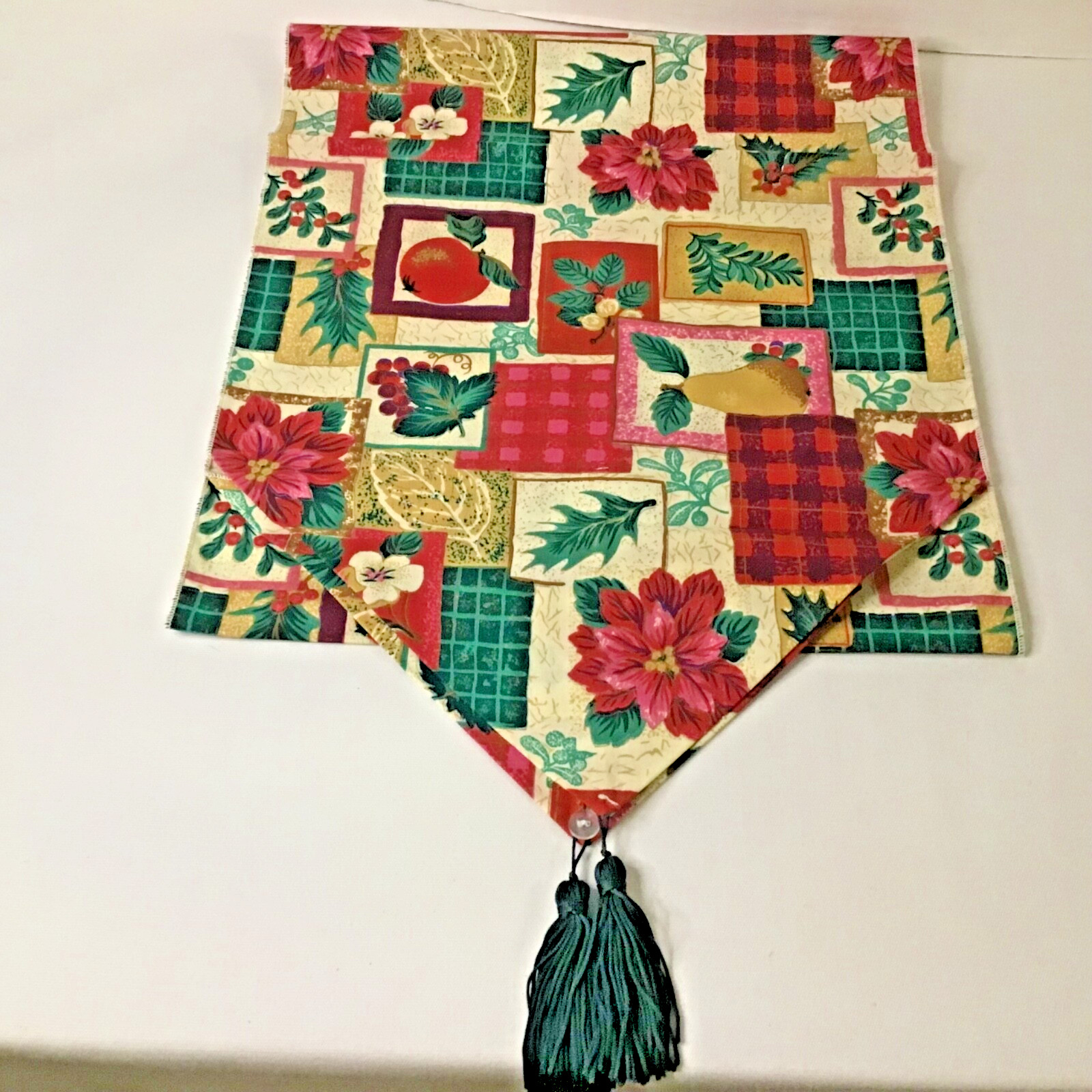 Christmas Table Runner homemade 66x13" new Tassels cotton double sided