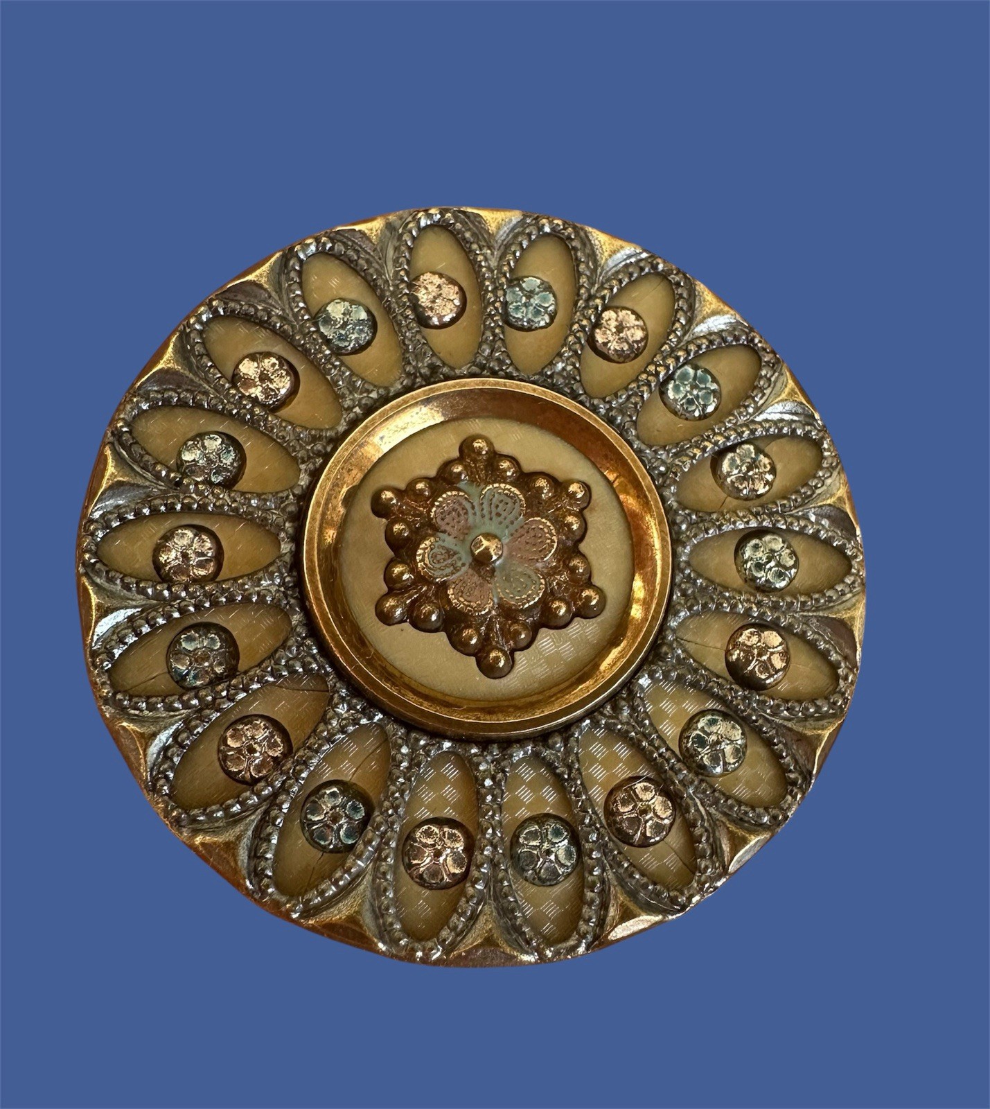 Antique Celluloid / Metal  Filigree Button with Rhinestone Border. 1-1/4”