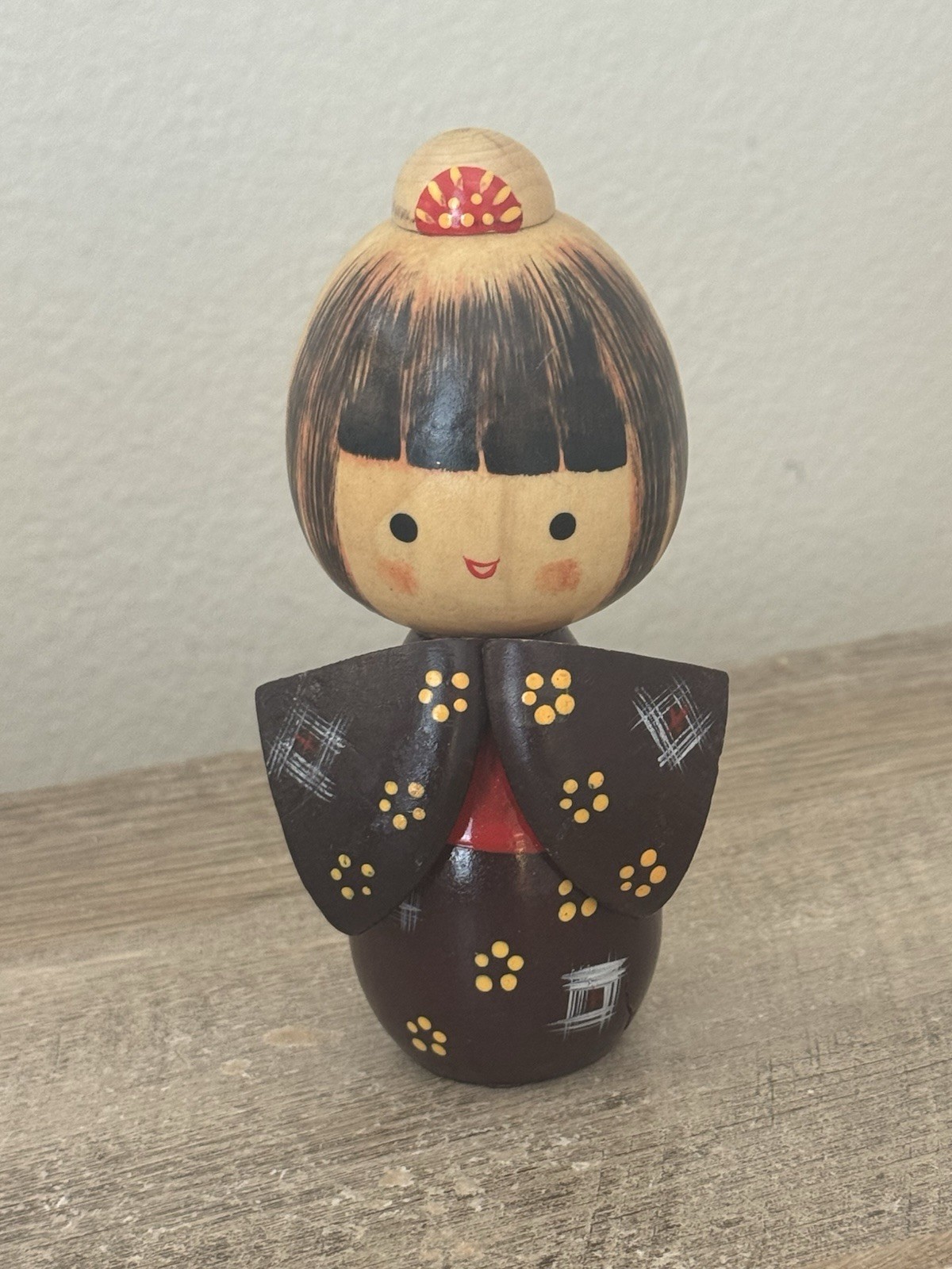 Japanese Wood Kokeshi Doll Wooden Brown Kimono Yellow Flowers Japan