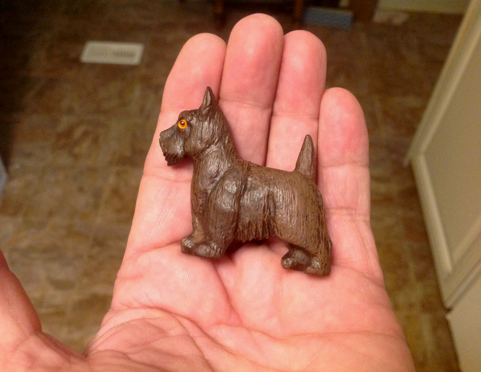 Vintage Scottie Dog Carved Pin Brooch Bakelite / Wood Glass Eye