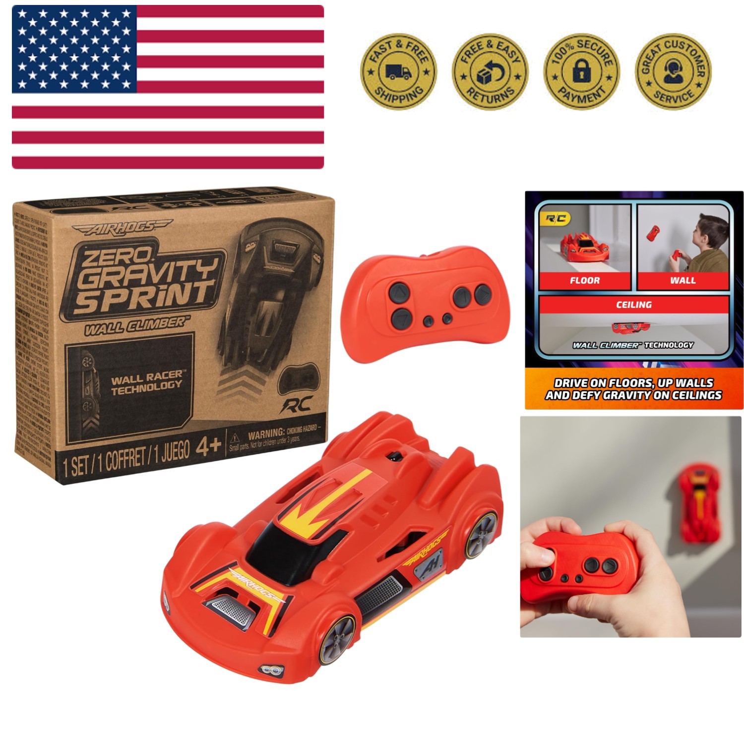 Zero Gravity Sprint RC Car Wall Climber, Red USB Micro B Rechargeable Indoor ...