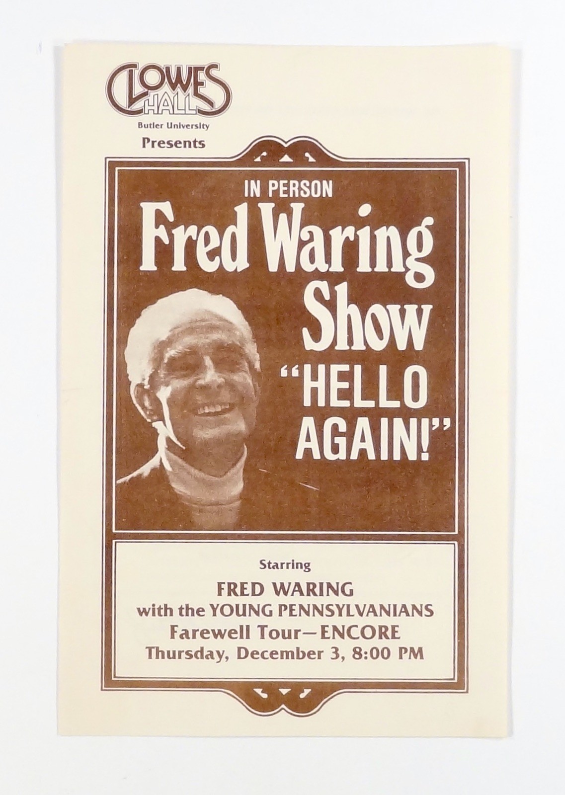 1981 program FRED WARING SHOW farewell tour CLOWES HALL Butler University {b}