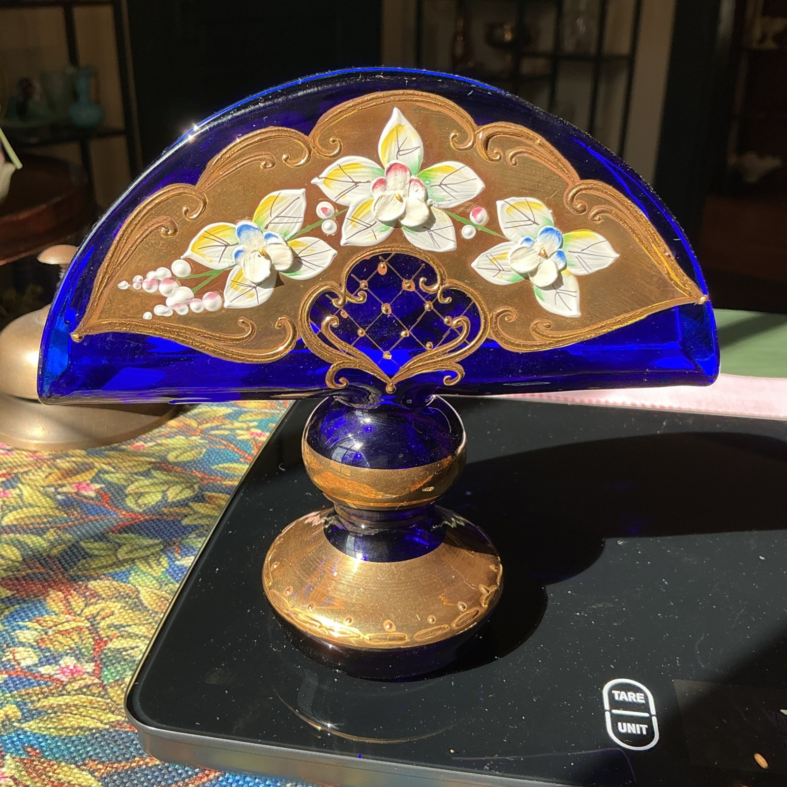 Czech Bohemian 24K Gold Enamel Cobalt Blue Art Glass Napkin Holder Pedestal