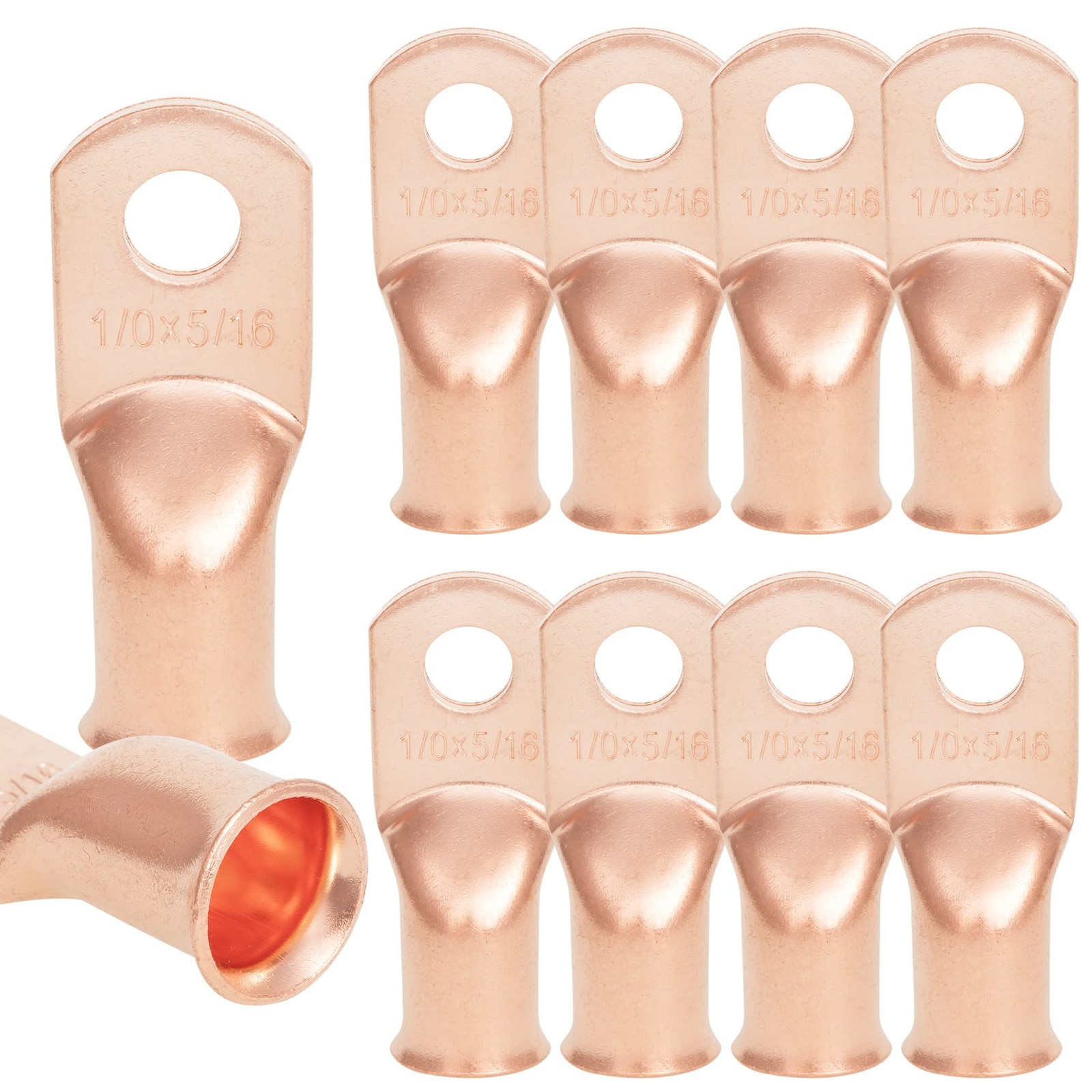 NEKIEX 10PCS 1/0AWG - 5/16" Stud Copper Battery Cable Crimp Terminals Heavy Duty