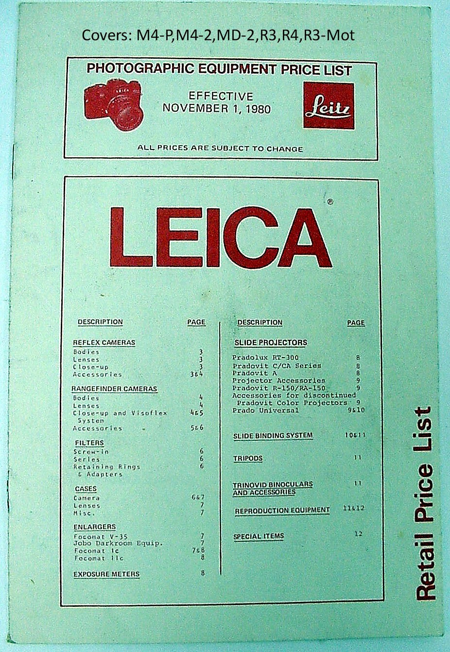 LEICA LEITZ Photographic Equipment Price List | Nov 1980 | 11pg | New | NOS | $9