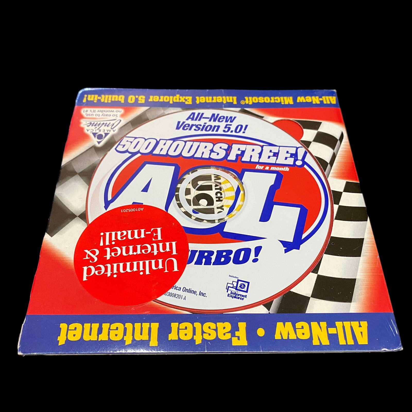 AOL 5.0 All New Faster Internet Racing Flag 500 Hours CD Computer Factory Sealed