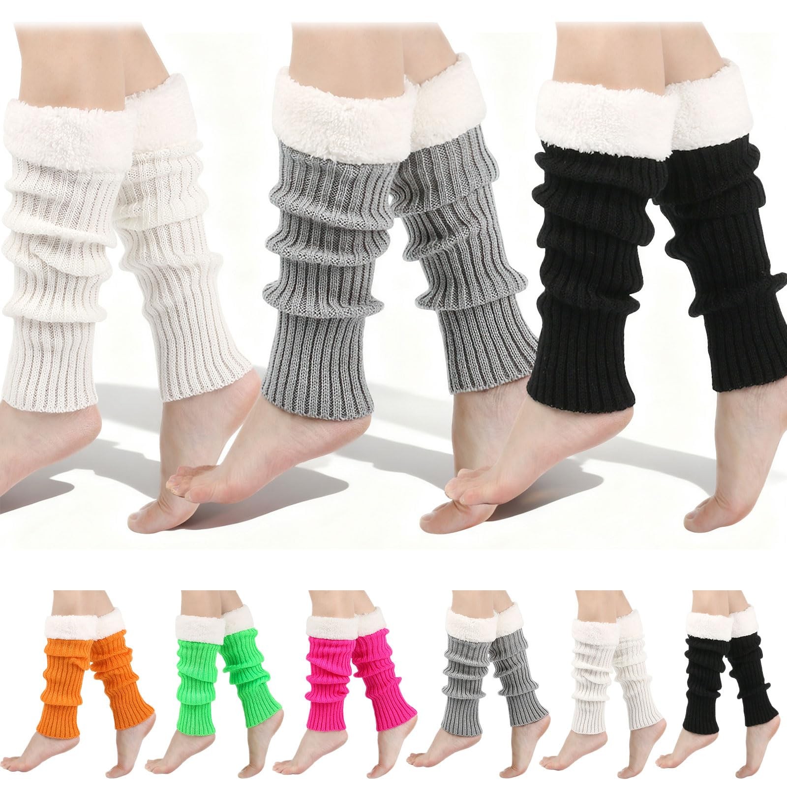 Viwnrxta Fuzzy Leg Warmers for Women,3 Pairs Neon One Size, Black+white+grey 