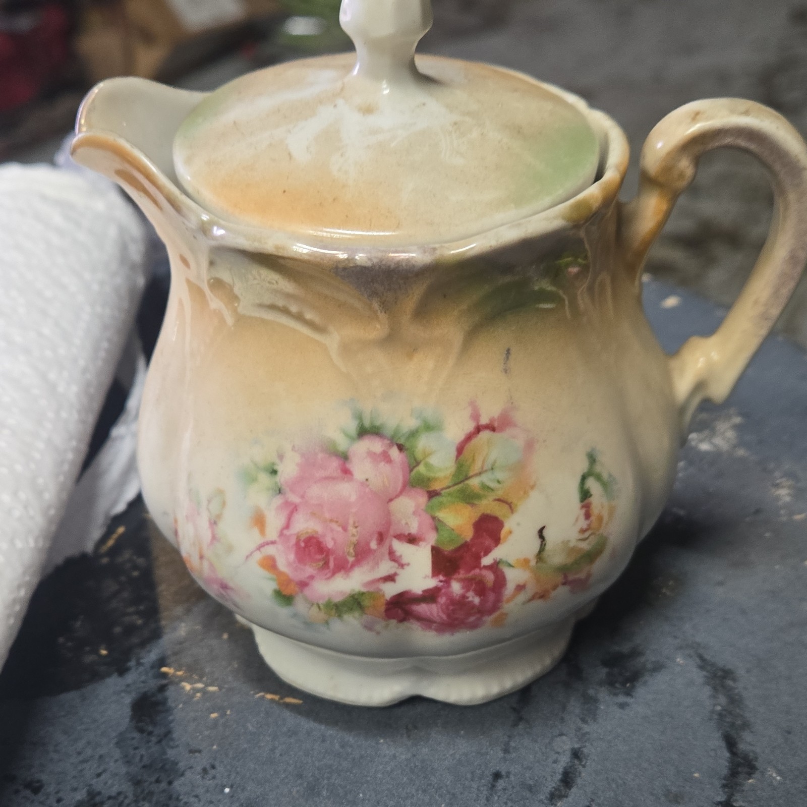 Floral Porcelain Creamer with Lid, Handle, Decorative, Beige Pink Green Red