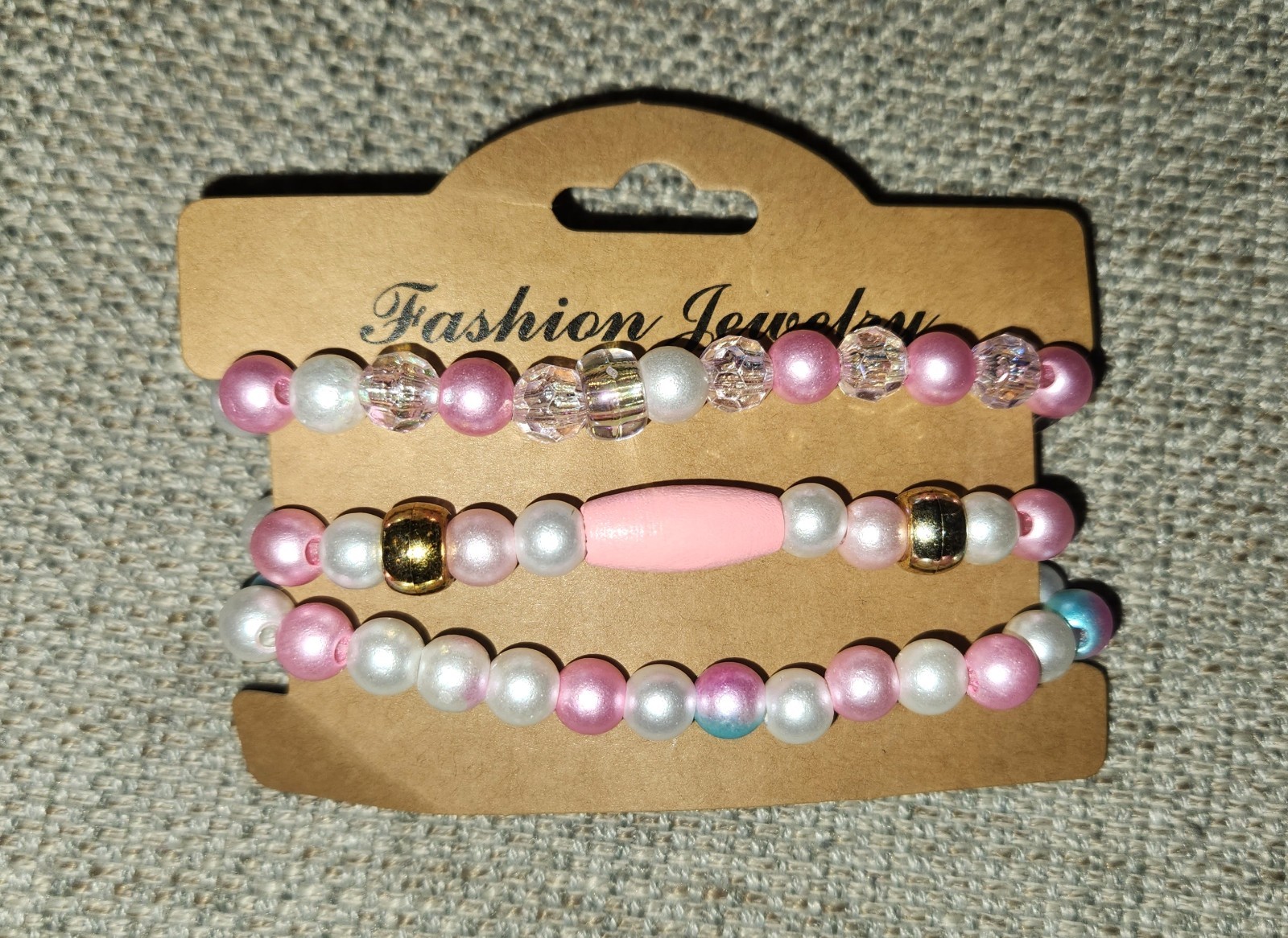 Girls Beaded Stretch Bracelets Set Pink White Gold Clear Plastic Round Jewelry