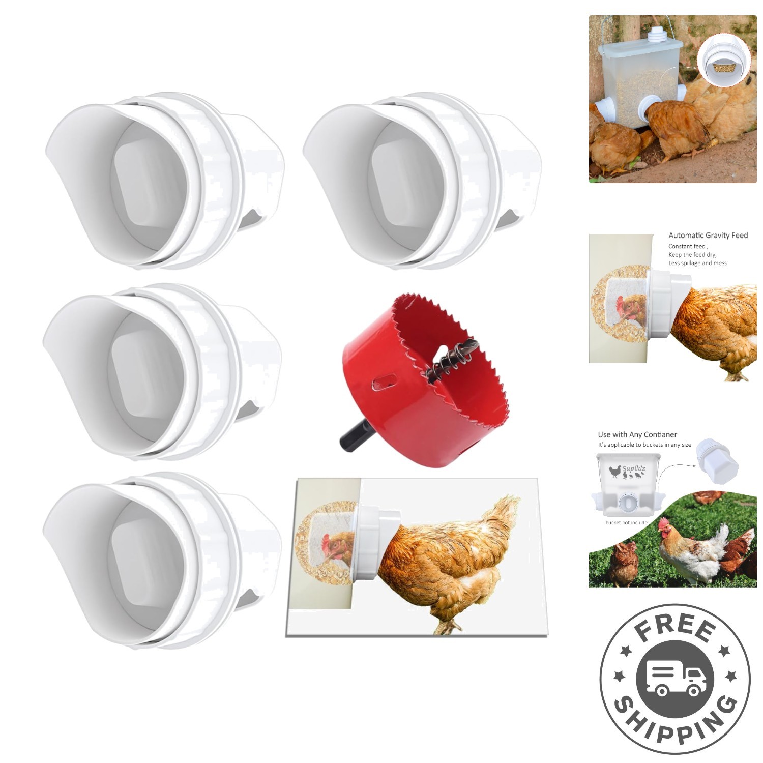 Rain Proof DIY Chicken Feeder Kit - 4 Port Gravity Feed for Buckets & Bins