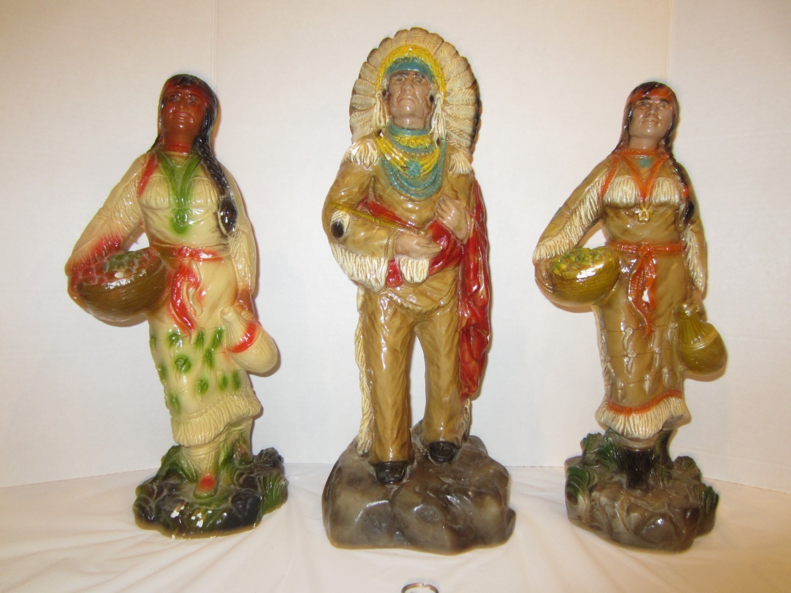 Vintage Native American Indians HEAVY Ceramic Statue Set of 3 - Old Estate Find!