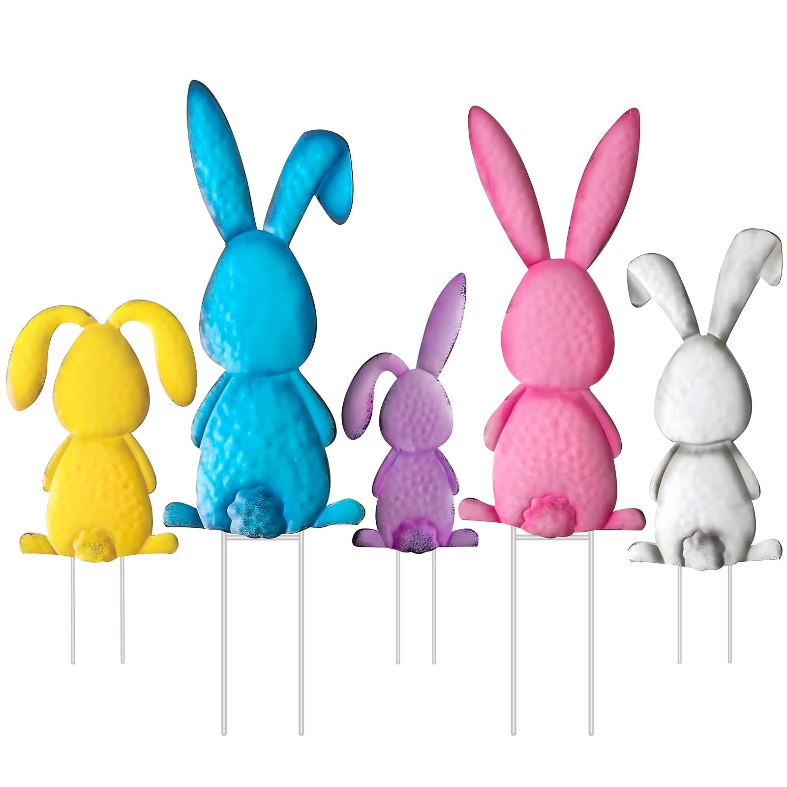 Outdoor Easter Yards Signs Decorations, 5 Pack Metal Bunny Signs with Stakes,...