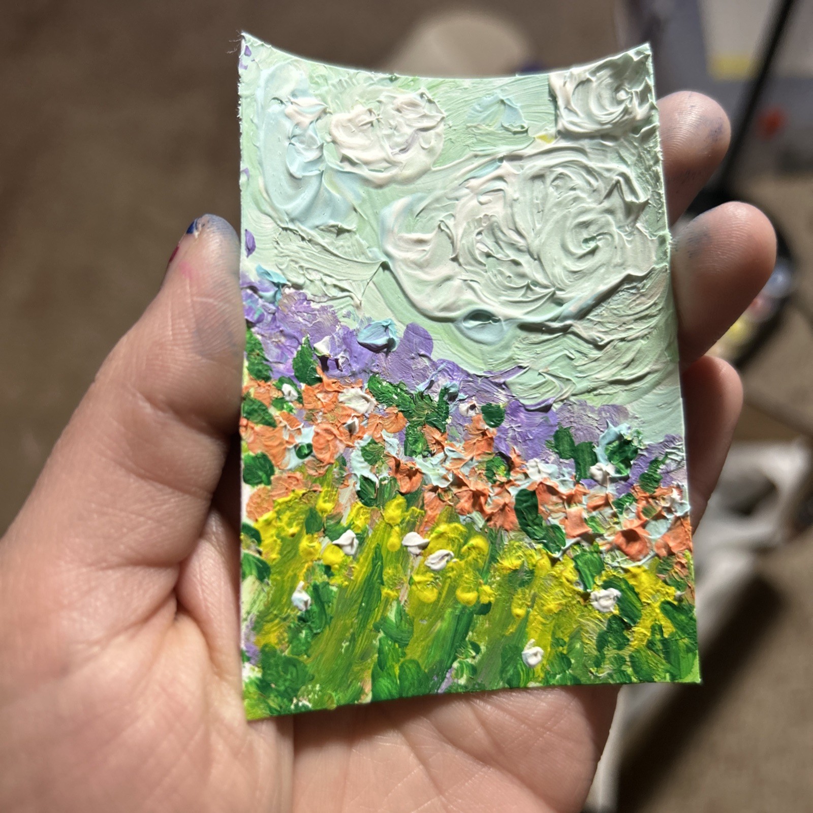 ACEO Mountains Textured Landscape Sky  2.5x3.5 Mixed Media Flowers Whimsical