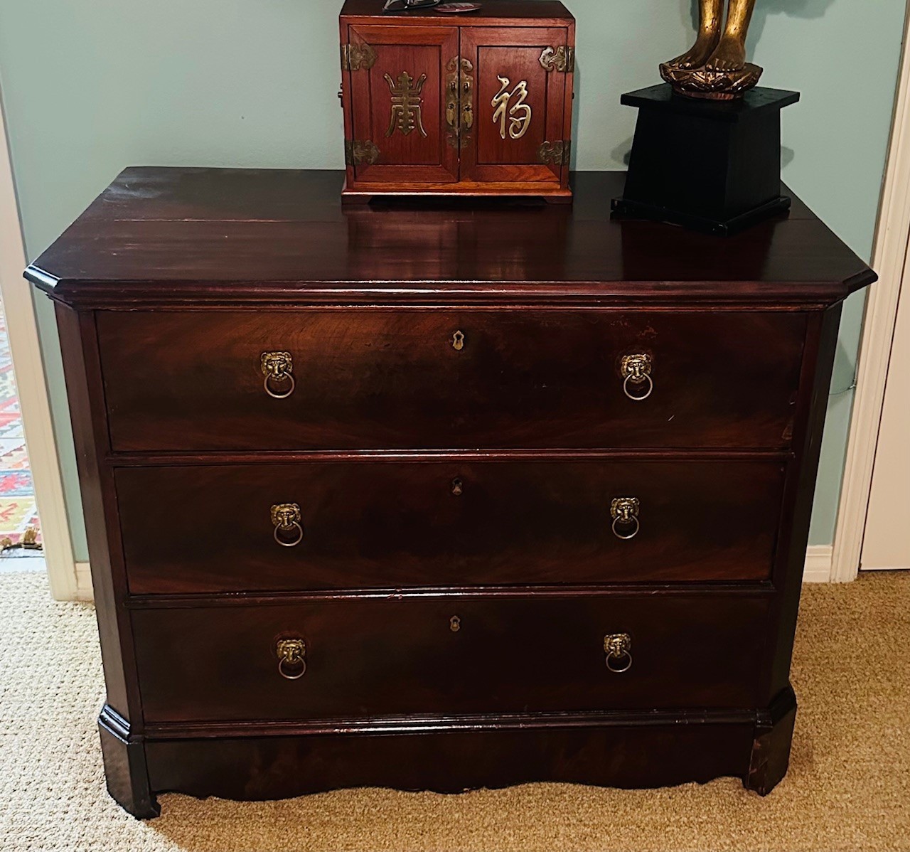 Antique 19th c Flame Mahogany Empire Chest Dresser Lowboy w Hidden Drawer