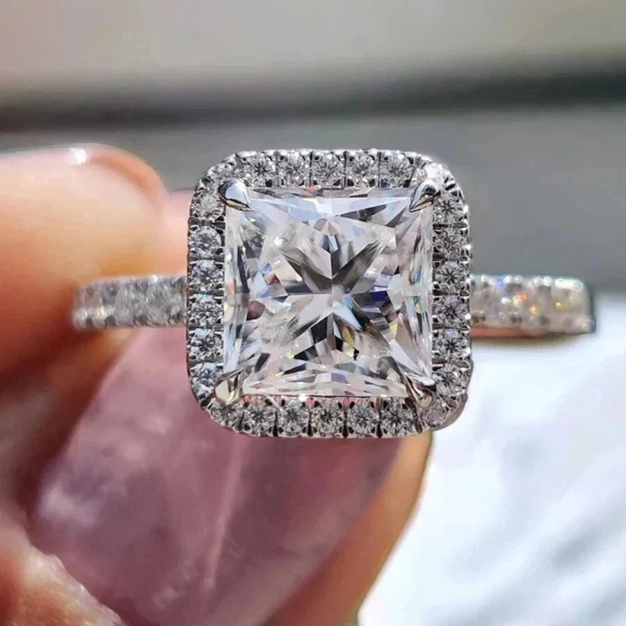 3CT Princess-Cut Lab Created Halo Engagement Ring 14K White Gold Plated