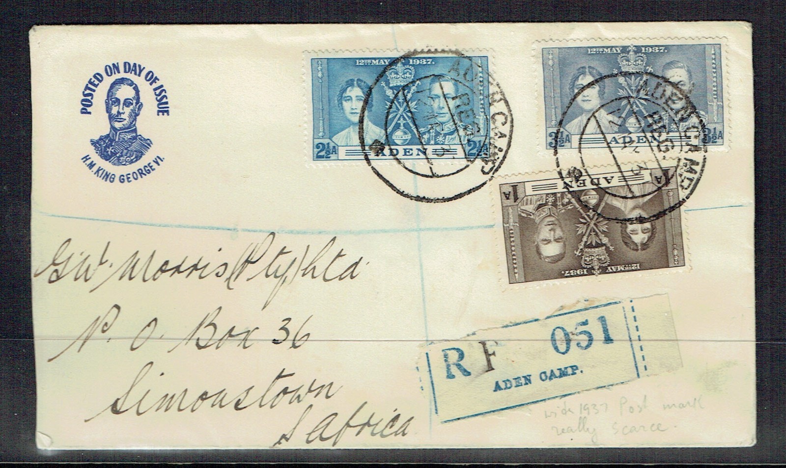 1937 ADEN GVI CORONATION FDC. ADEN CAMP REGISTERED.