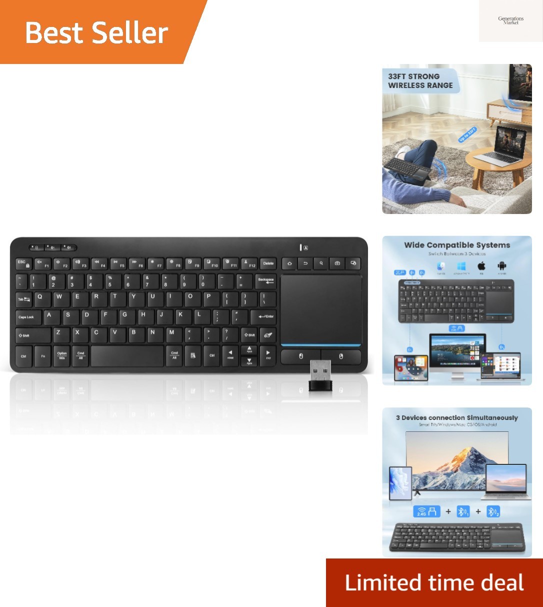 Multi-Device Wireless Bluetooth Keyboard with Touchpad-Wireless Keyboard with...