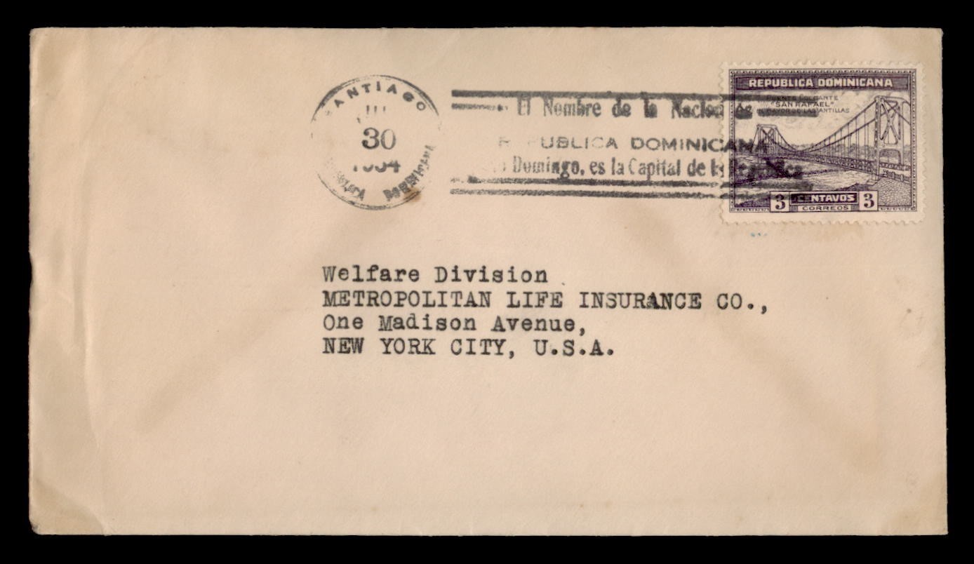 DR WHO 1934 DOMINICAN REPUBLIC SANTIAGO SLOGAN CANCEL TO USA w21558