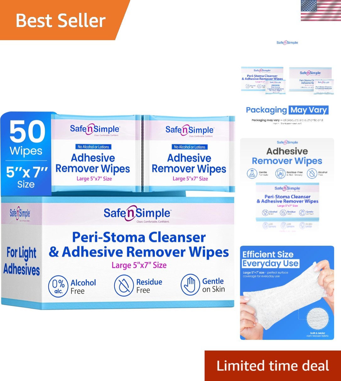 Stoma Adhesive Remover Wipes - 50 Gentle, Alcohol-Free No-Sting Wipes for Skin