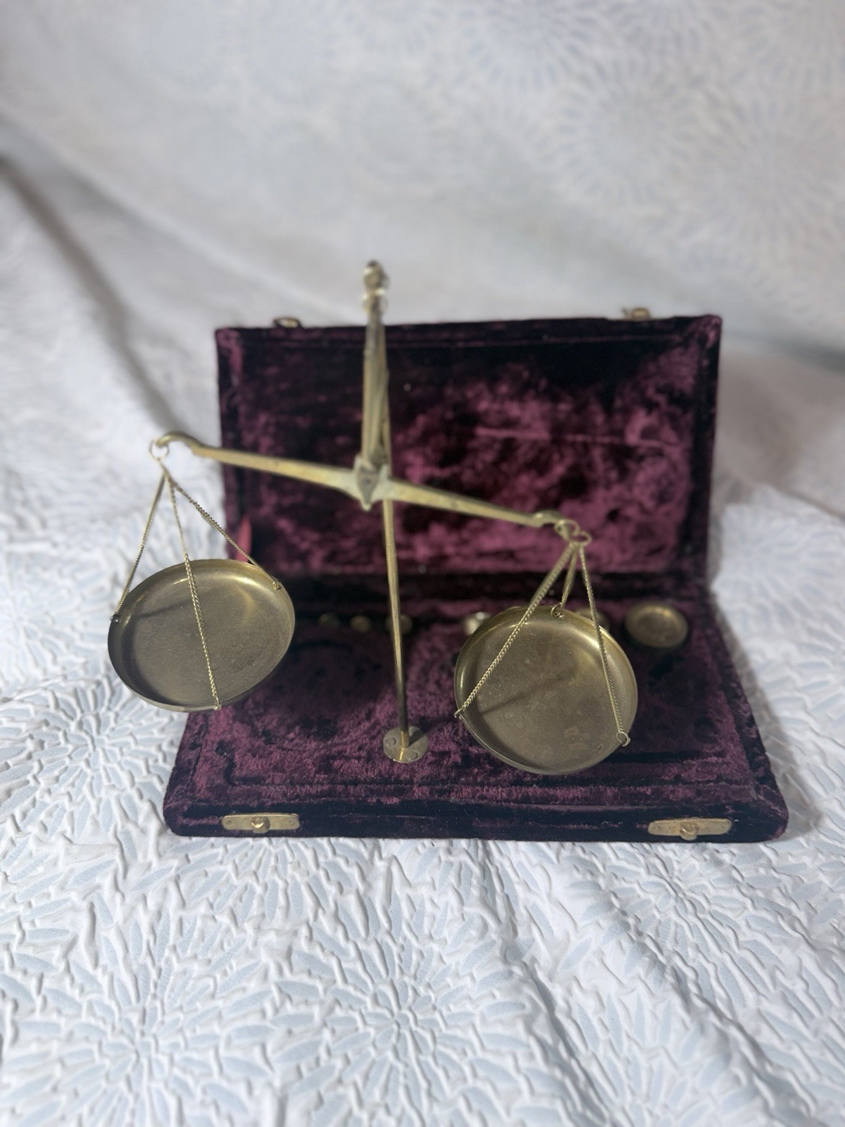 Antique Brass Apothecary Balance Scale w/ Gram Weights Set in Velvet Case