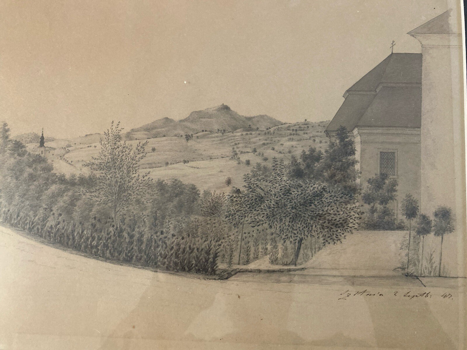 Très Beau Dessin XIXe 1850 mine de plomb crayon Paysage Autriche Ancien Village