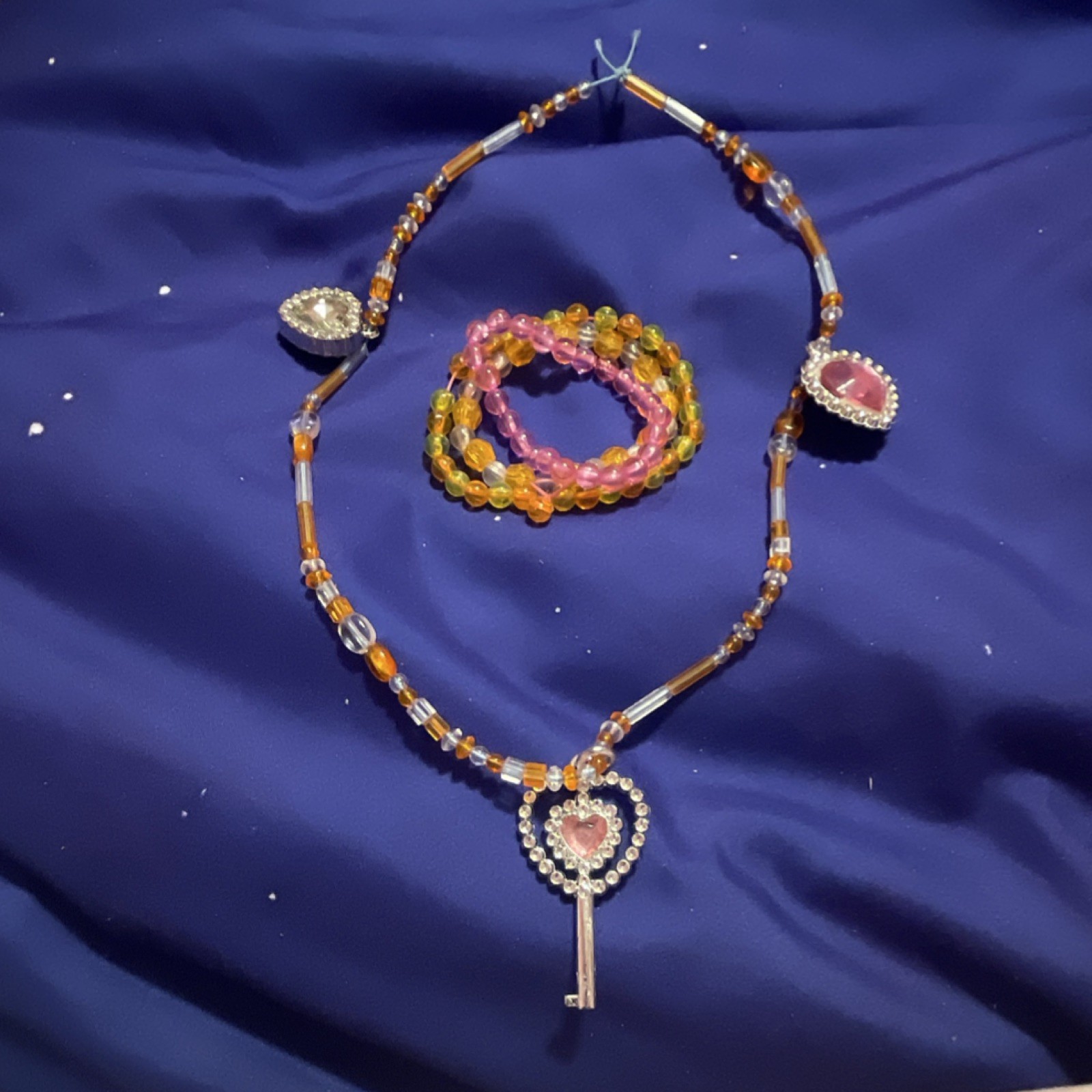 Multicolor Kids Jewelry Set - Beaded Necklace & Bracelet with Heart Charms