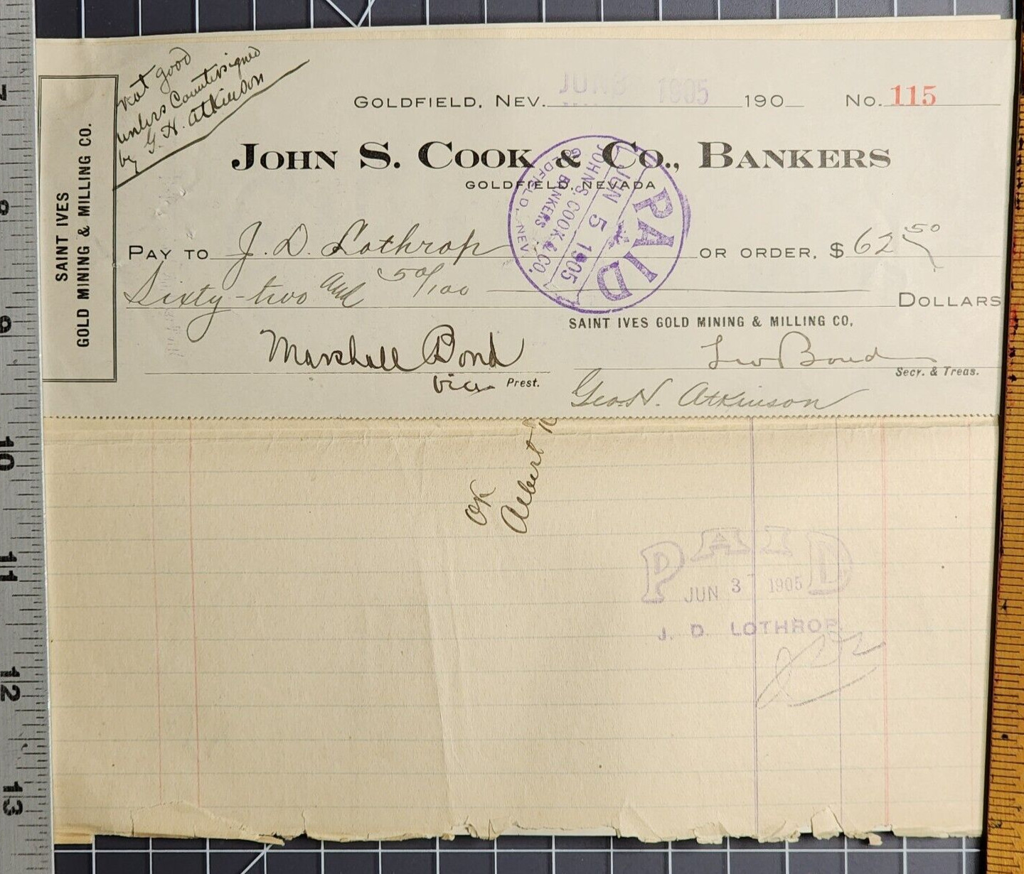 1905 St. Ives Gold Mining Co. Goldfield NV John S. Cook Check J.D. Lothrop