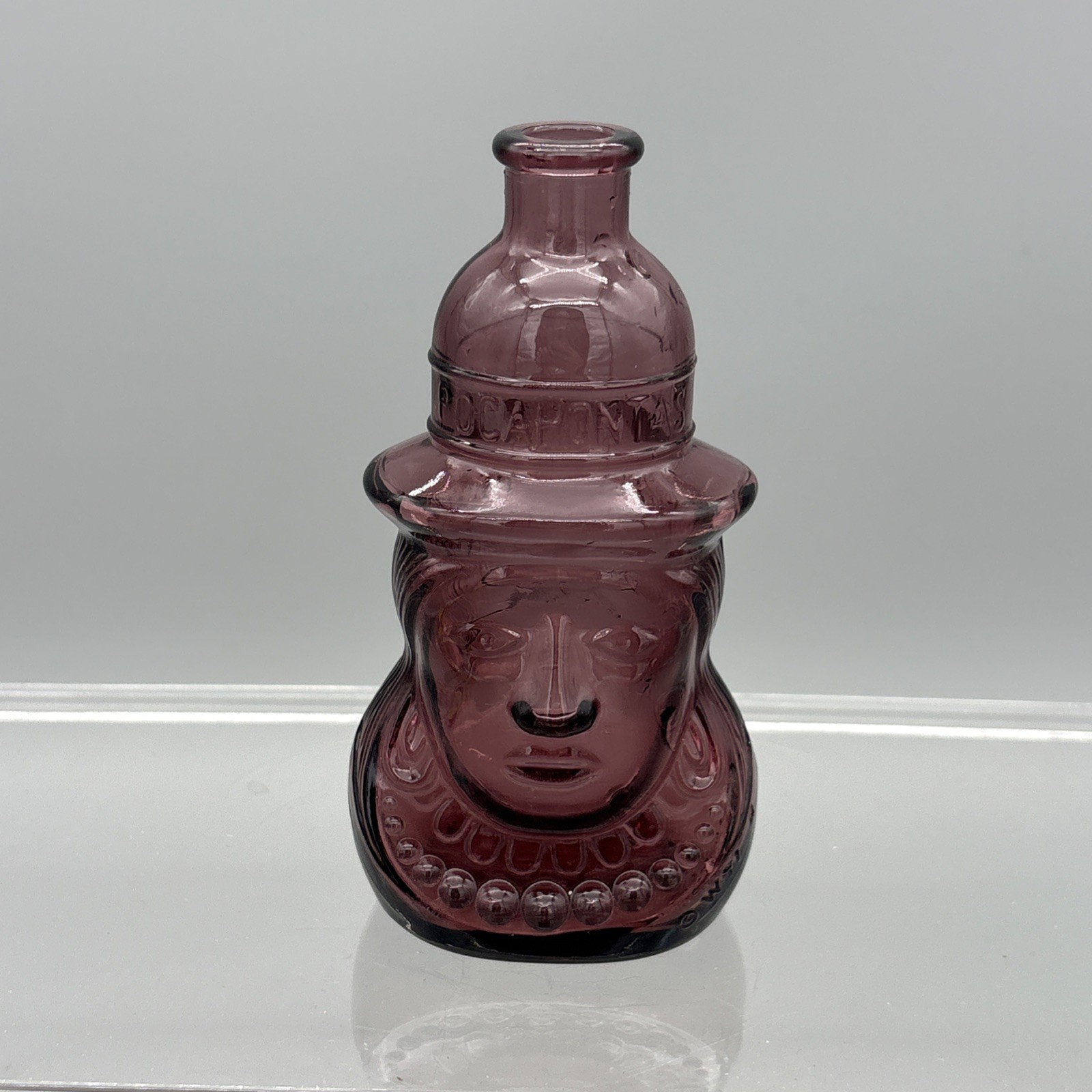 Vintage 1970's Wheaton NJ Purple Glass Pocahontas Figural Bottle 5 1/8"