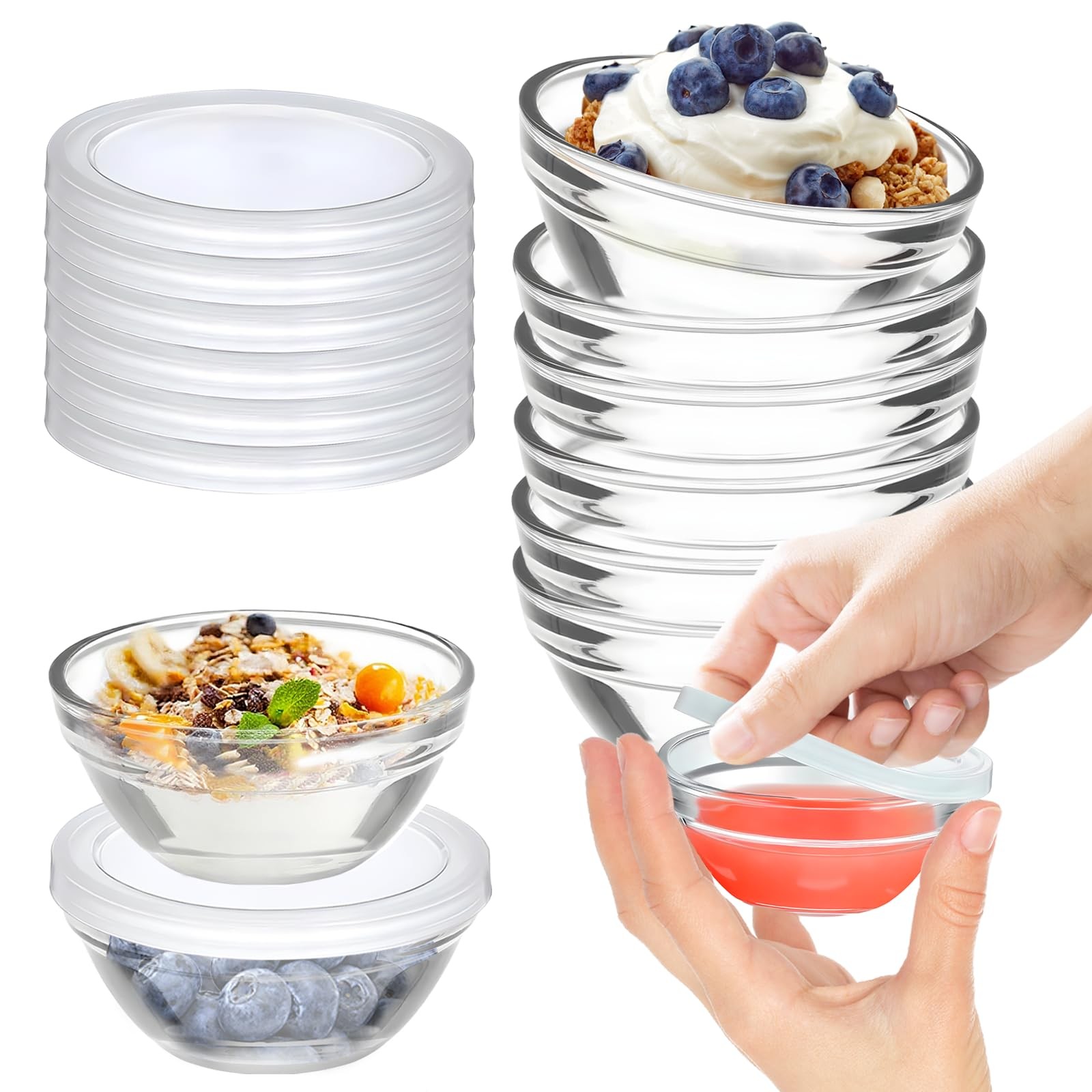 6 Pack Mini 3 Inch Small Glass Bowls with 6 6 Lids, transparently 