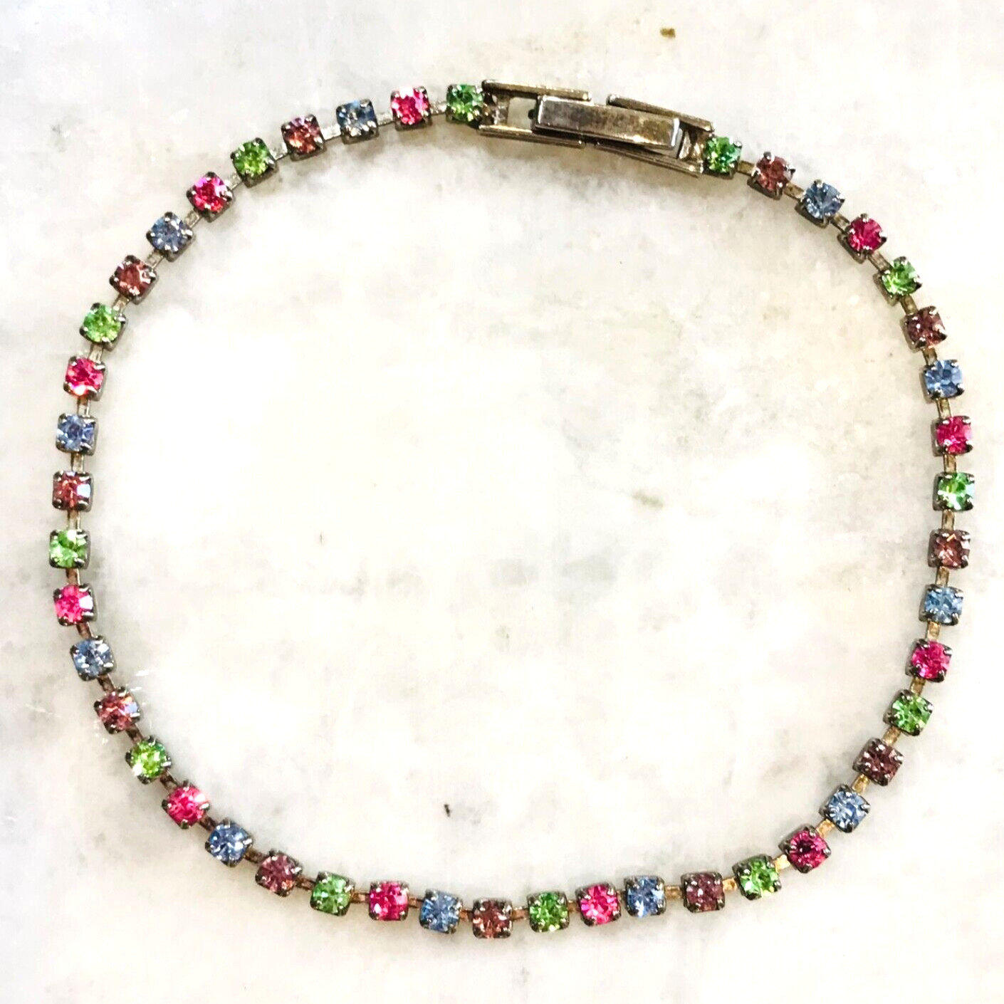 VTG  Rhinestone Bracelet Station 40's-50’s Multicolor 14k Gold Plate thin 7.25”